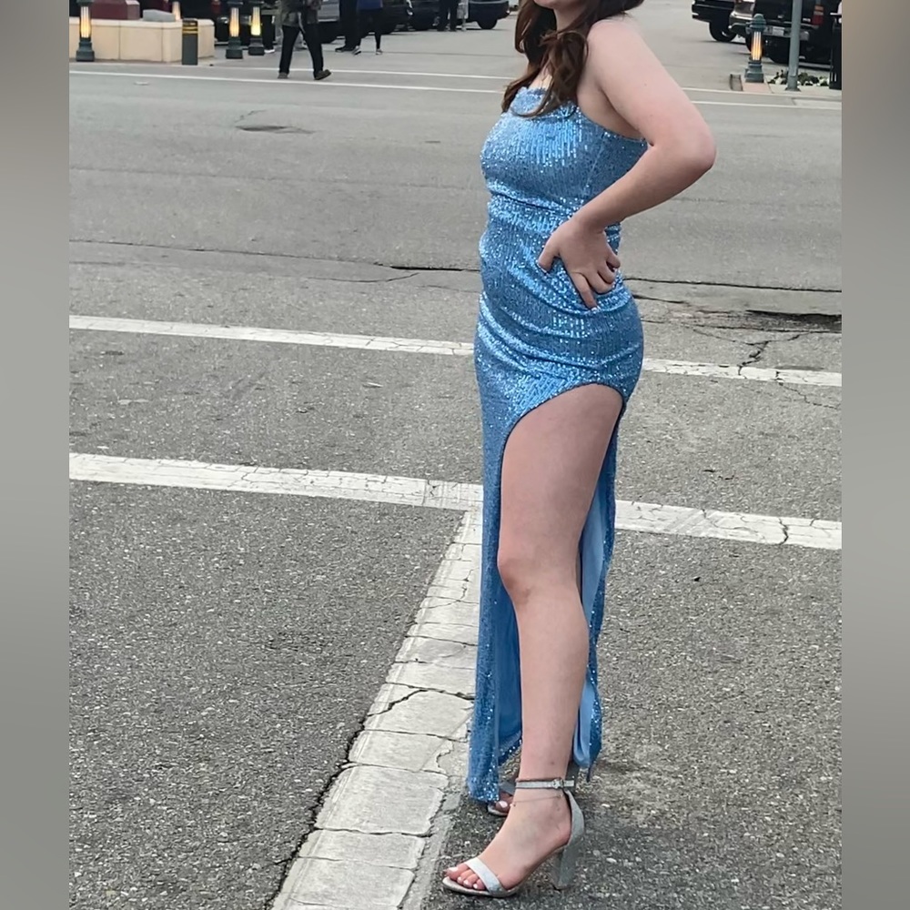 Windsor blue sequin high slit dress size small.